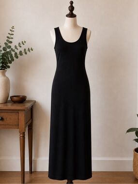 Y2K Black Minimalist Sleeveless Maxi Dress Women's Small Scoop Neck Stretch S